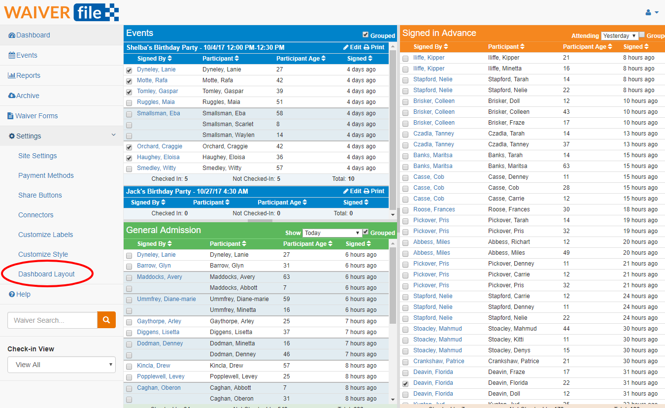 WaiverFile CheckIn Dashboard